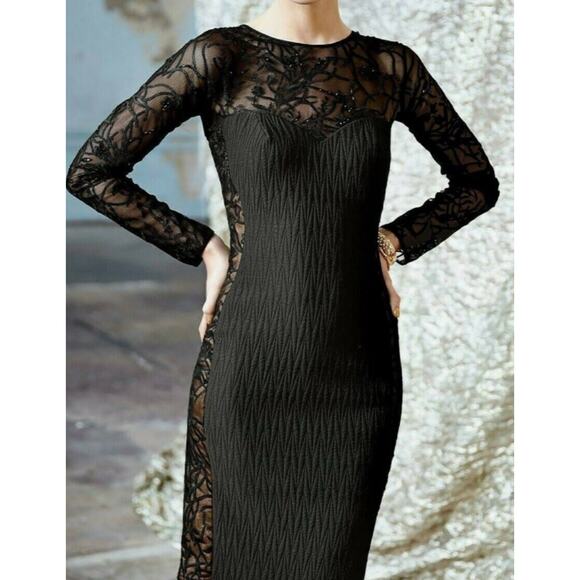 Tadashi Shoji SHEER ILLUSION LONG SLEEVE DRESS IN BLACK. Size M.Knee Length - Picture 1 of 9